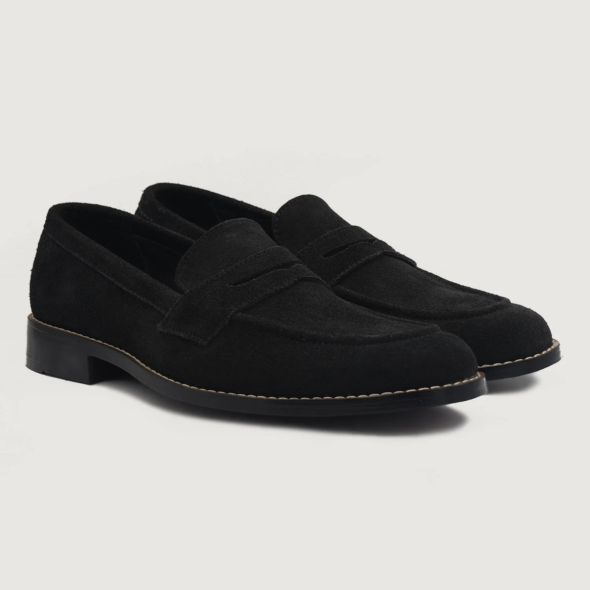 Baxton Black Suede Leather Loafers For Men in Black Goatskin Suede - Lateral Side Profile View | Buy Online