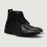 Duster Brogues Derby Black Leather Boots For Men in Black Full-Grain Leather - Front Profile View & Tailored Silhouette | Buy Online