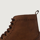 Close-Up Detail of Classic Collar & Heavy-Duty Zipper Hardware on Men's Duster Brogues Derby Oil Pull-up Brown Leather Boots