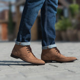Styled Fit Perspective of Duster Brogues Derby Brown Nubuck Leather Boots For Men on Model - Natural Daylight Drape