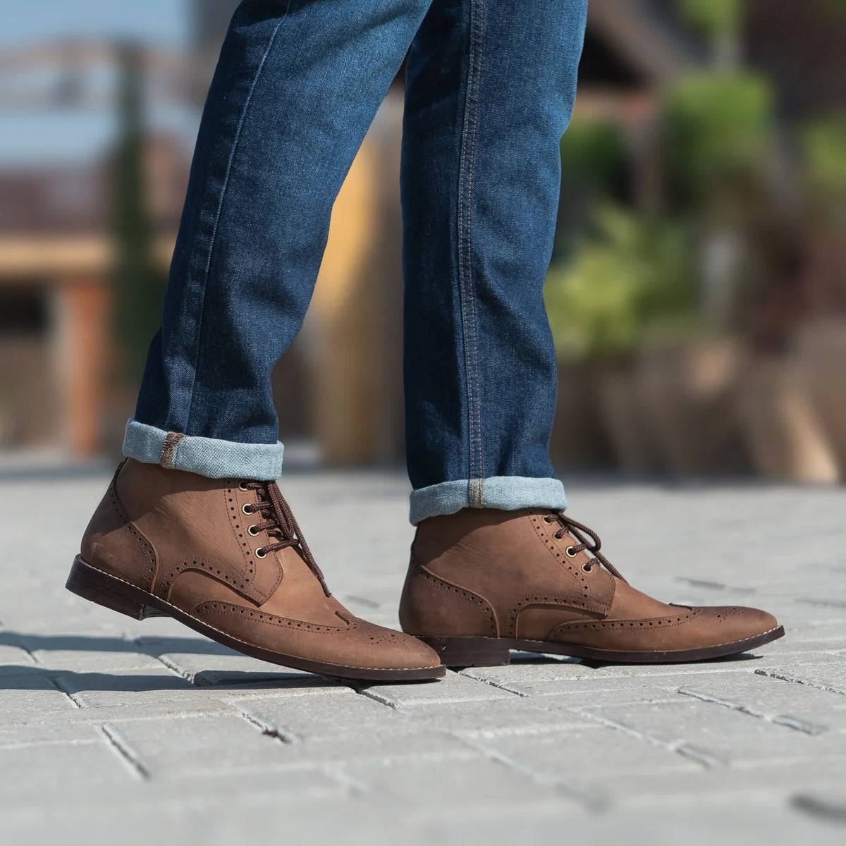Styled Fit Perspective of Duster Brogues Derby Oil Pull-up Brown Leather Boots on Model - Natural Daylight Drape