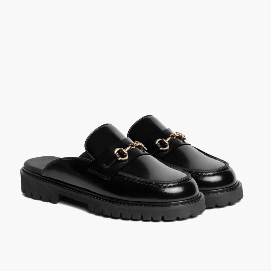 Penny Mule Black & Gold Leather Loafers in Black Full-Grain Leather - Lateral Side Profile View | Buy Online