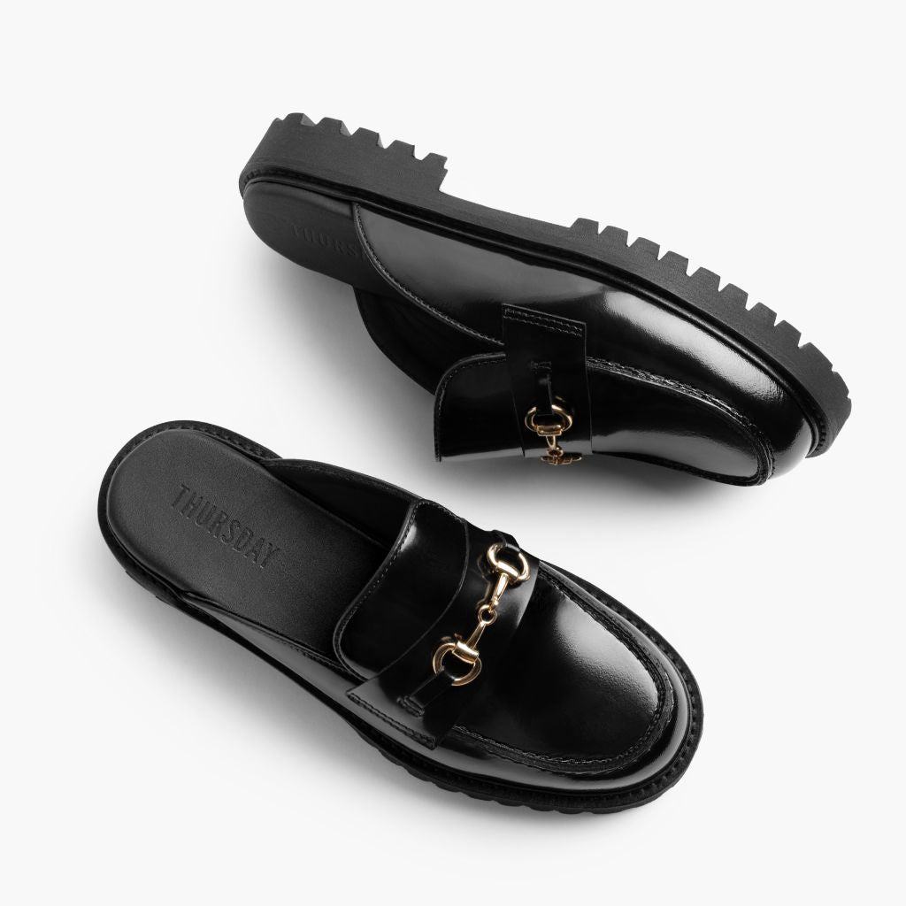 High-Traction Rubber Outsole & Lug Tread Pattern on Penny Mule Black & Gold Leather Loafers