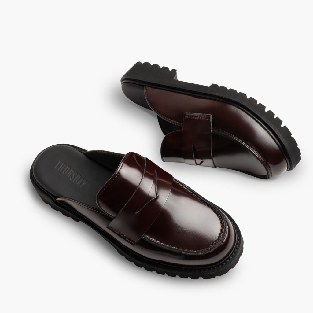 High-Traction Rubber Outsole & Lug Tread Pattern on Penny Mule Burgundy Leather Boots
