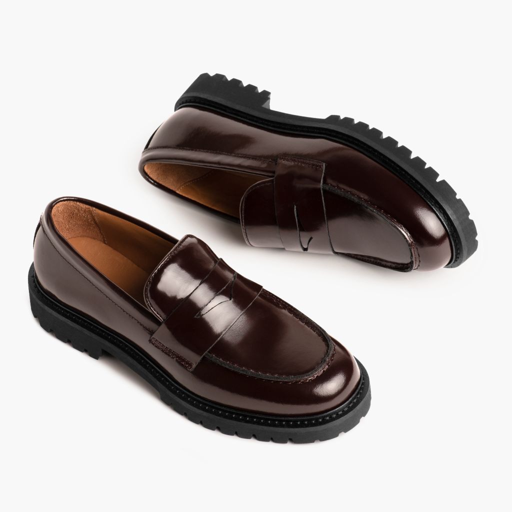 High-Traction Rubber Outsole & Lug Tread Pattern on Penny Burgundy Leather Boots