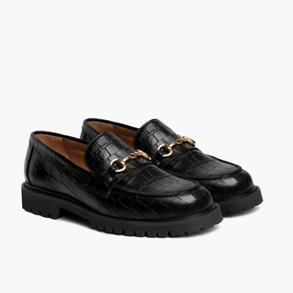 Penny Black & Gold Croco Leather Loafers in Black Full-Grain Leather - Lateral Side Profile View | Buy Online