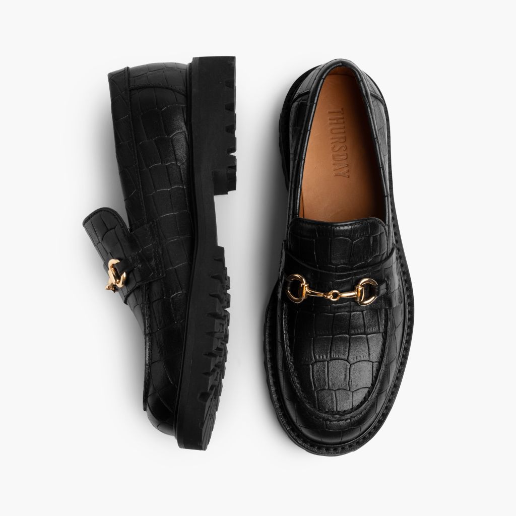 Penny Black & Gold Croco Leather Loafers - Reinforced Heel Counter & Precision Double-Row Stitching Detail