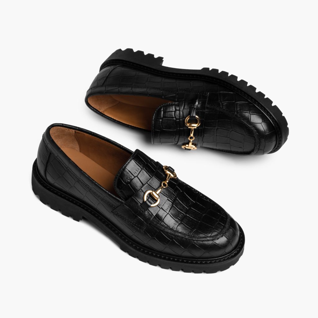 High-Traction Rubber Outsole & Lug Tread Pattern on Penny Black & Gold Croco Leather Loafers
