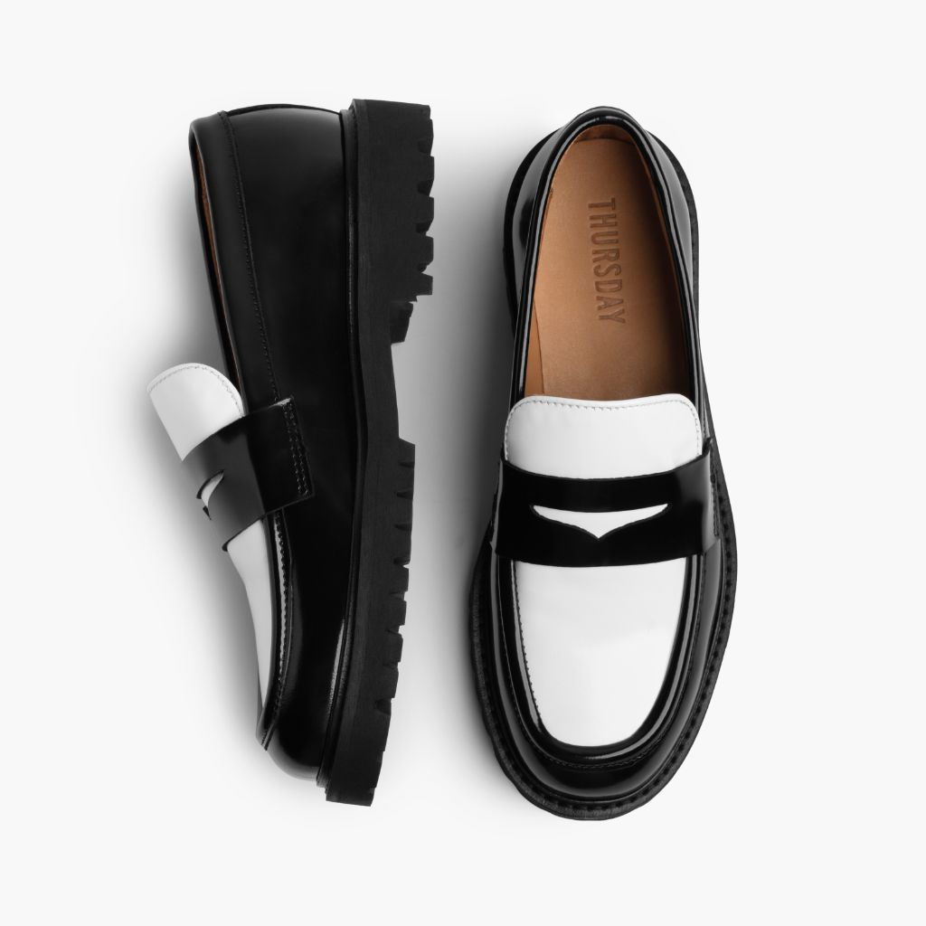 Penny Black & White Leather Loafers - Reinforced Heel Counter & Precision Double-Row Stitching Detail