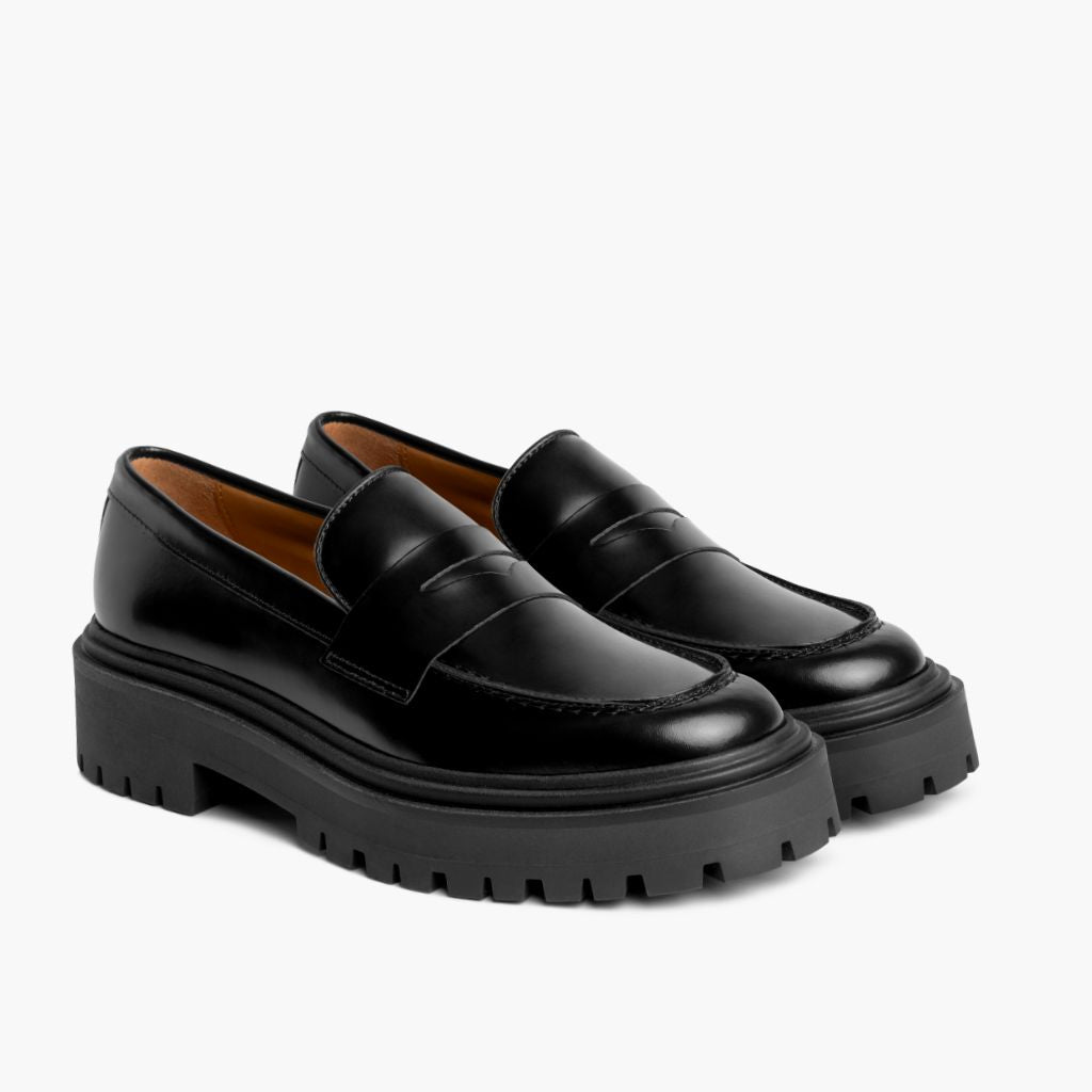 Penny Platform Black Leather Loafers in Black Full-Grain Leather - Lateral Side Profile View | Buy Online