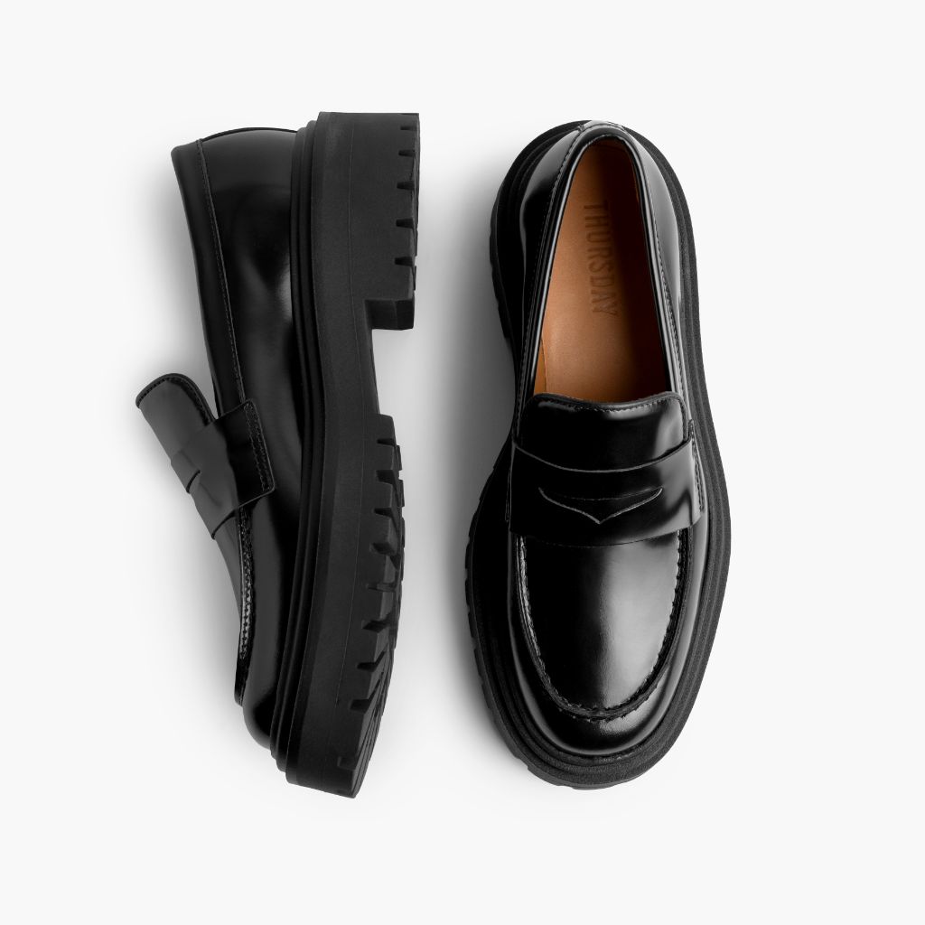Penny Platform Black Leather Loafers - Reinforced Heel Counter & Precision Double-Row Stitching Detail
