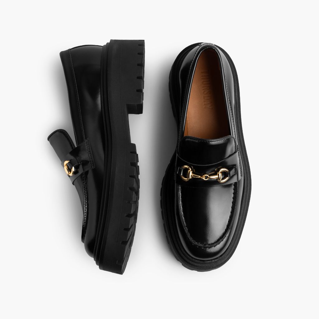 Penny Platform Black & Gold Leather Loafers - Reinforced Heel Counter & Precision Double-Row Stitching Detail