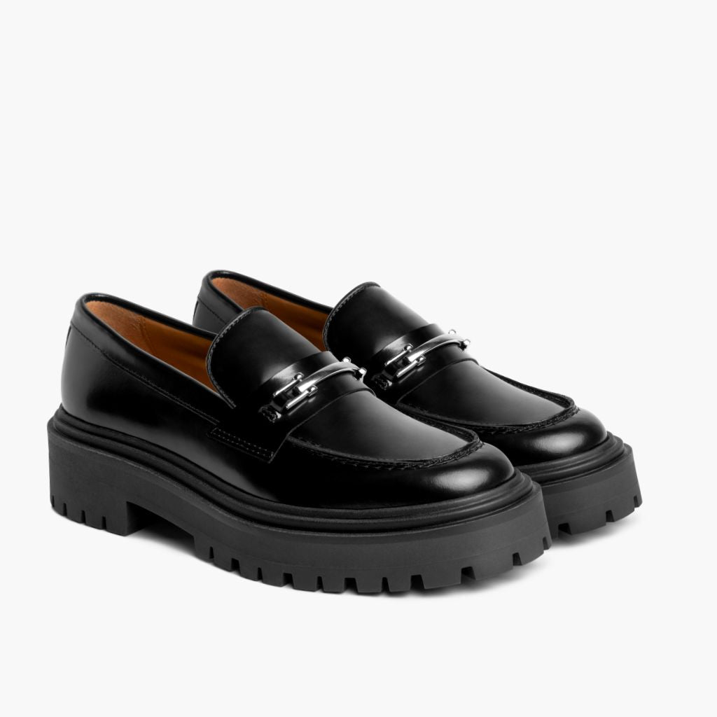 Penny Platform Black & Silver Leather Loafers in Black Full-Grain Leather - Lateral Side Profile View | Buy Online