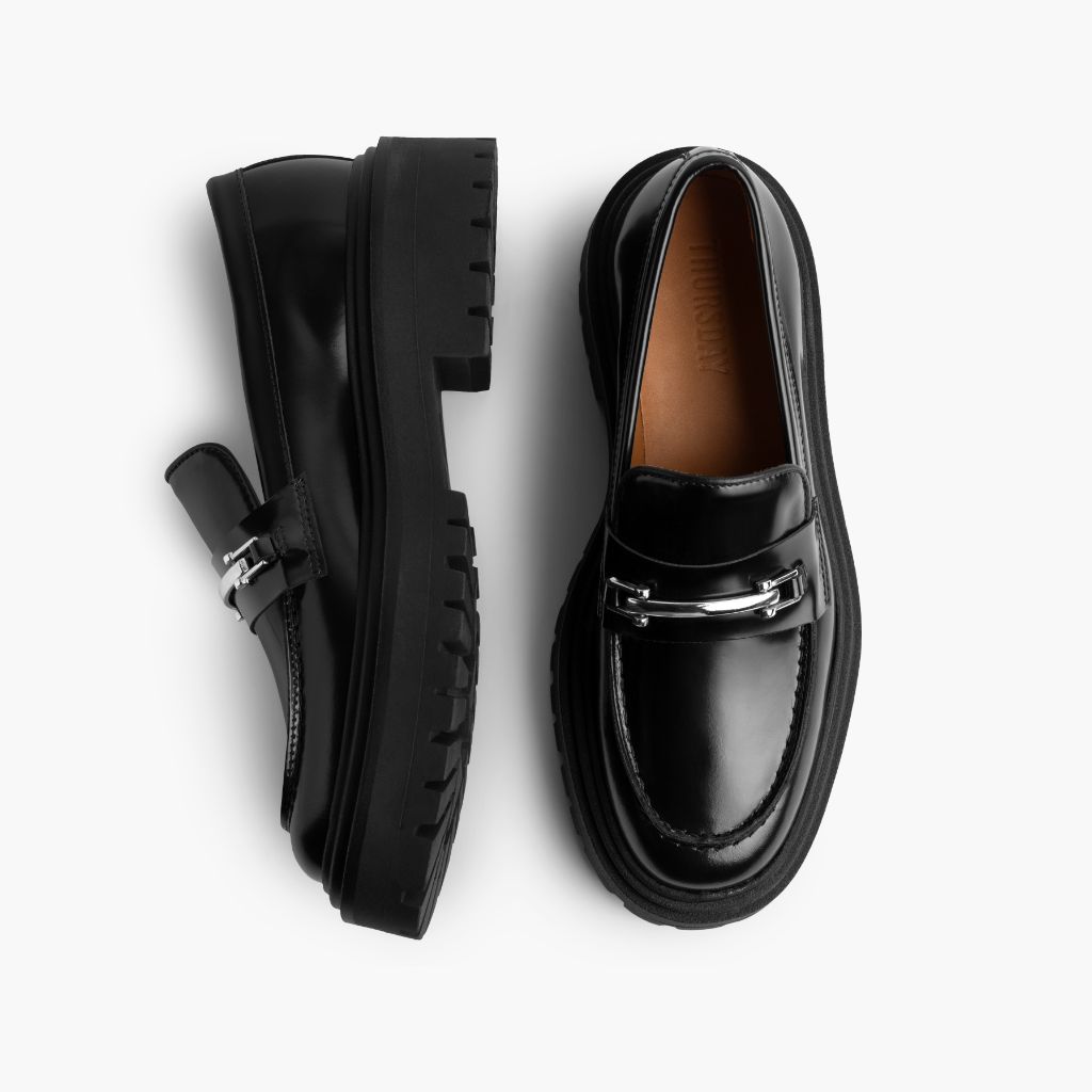 Penny Platform Black & Silver Leather Loafers - Reinforced Heel Counter & Precision Double-Row Stitching Detail
