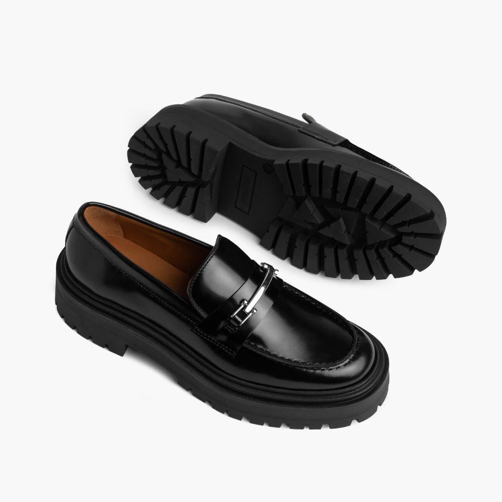 High-Traction Rubber Outsole & Lug Tread Pattern on Penny Platform Black & Silver Leather Loafers