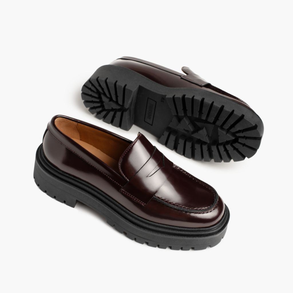 High-Traction Rubber Outsole & Lug Tread Pattern on Penny Platform Burgundy Leather Boots