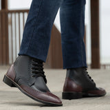 Styled Fit Perspective of Duster Brogues Derby Maroon Black Leather Boots StudGuard For Men on Model - Natural Daylight Drape