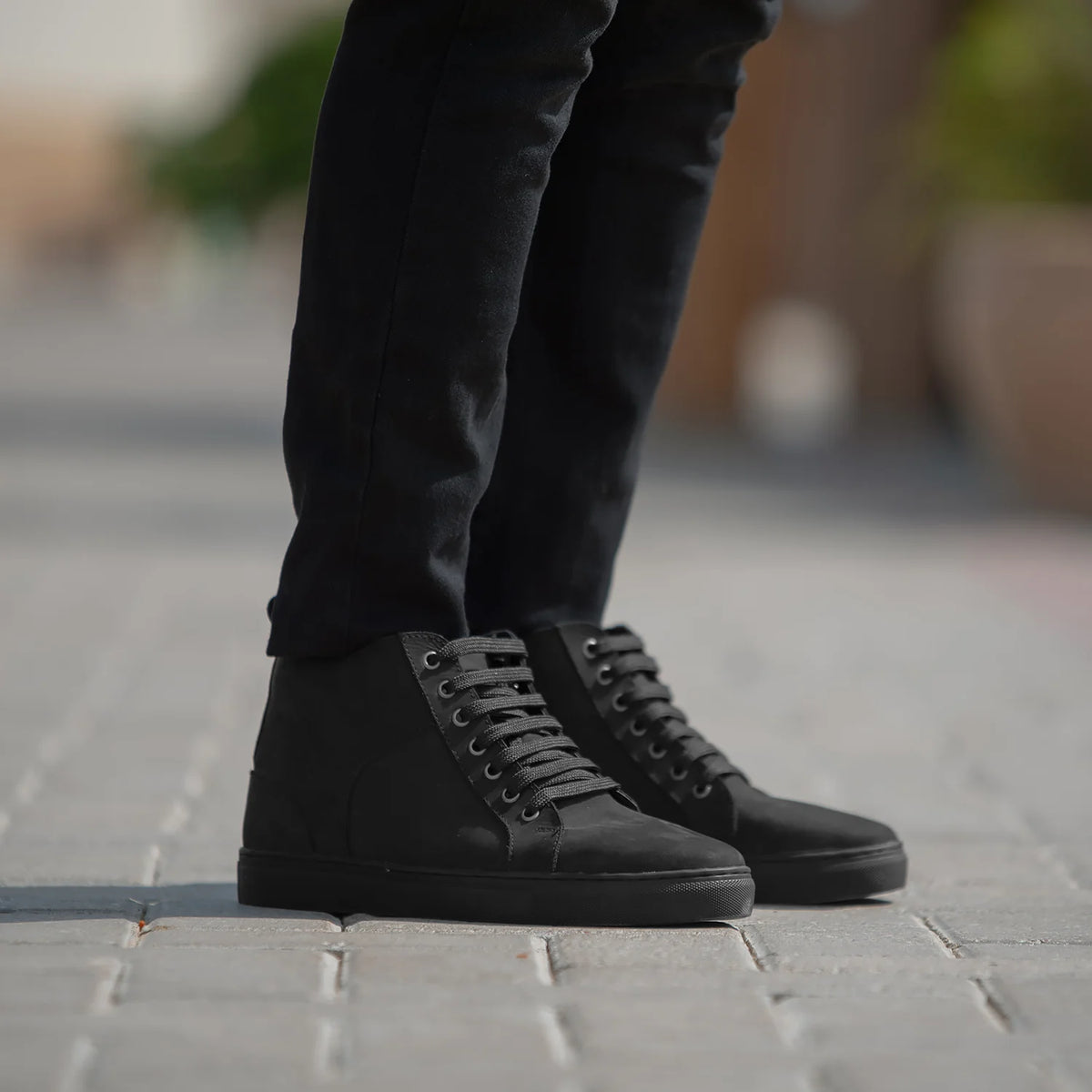 Marty High Top Black Nubuck Sneakers in Black Full-Grain Leather - Lateral Side Profile View | Buy Online