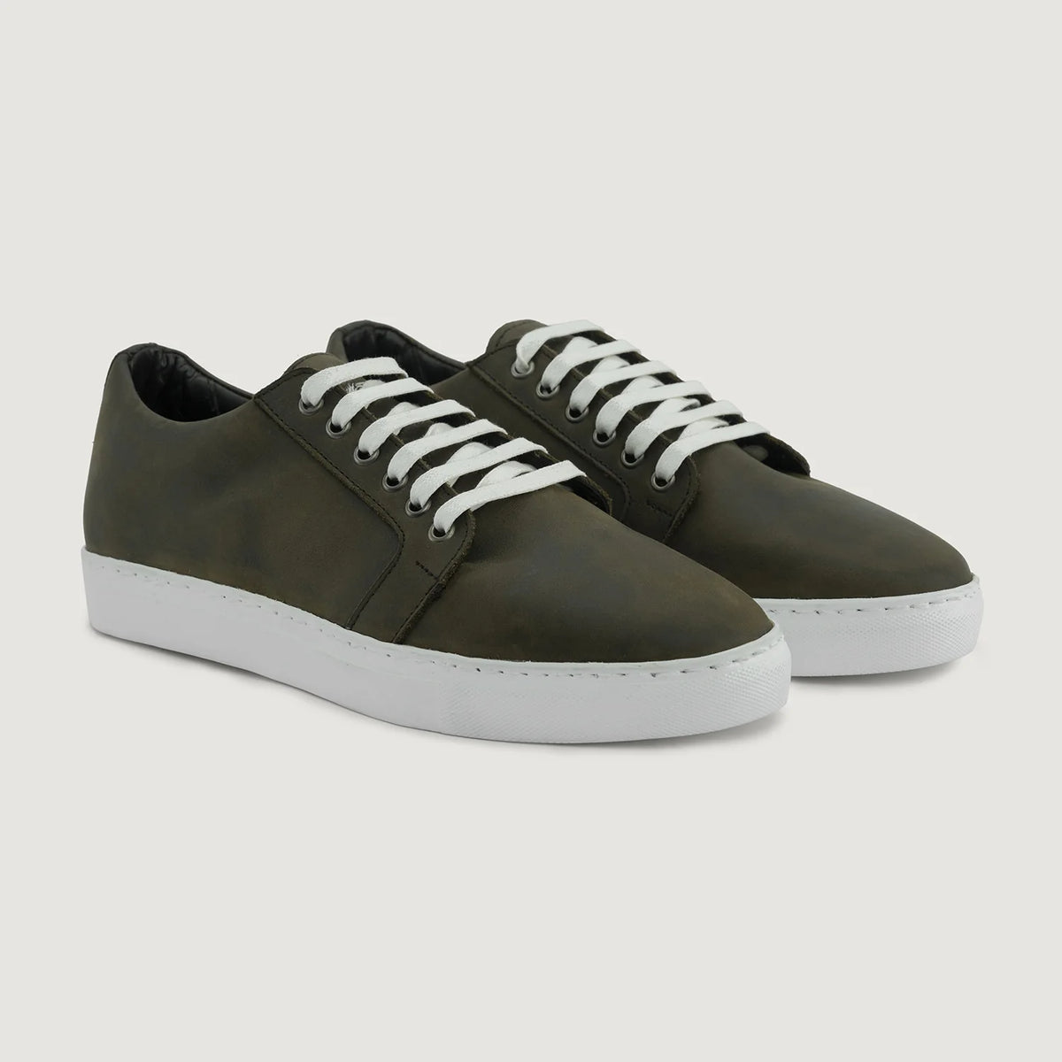 Murphy Low Top Olive Pullup Leather Sneakers For Men in Olive Full-Grain Leather - Lateral Side Profile View | Buy Online