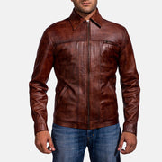 Men's Abstract Maroon Skinnjakke for Herre in Distressed Brown Sheep Skin Burnishing - Front Profile View &amp; Tailored Silhouette | Buy Online