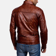Close-Up Detail of Shirt &amp; Zipper Hardware on Men's Abstract Maroon Skinnjakke for Herre