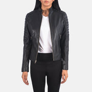 
Adalyn Quilted Black Leather Biker Jacket in Black Sheepskin Leather - Front Profile View & Tailored Silhouette | Buy Online