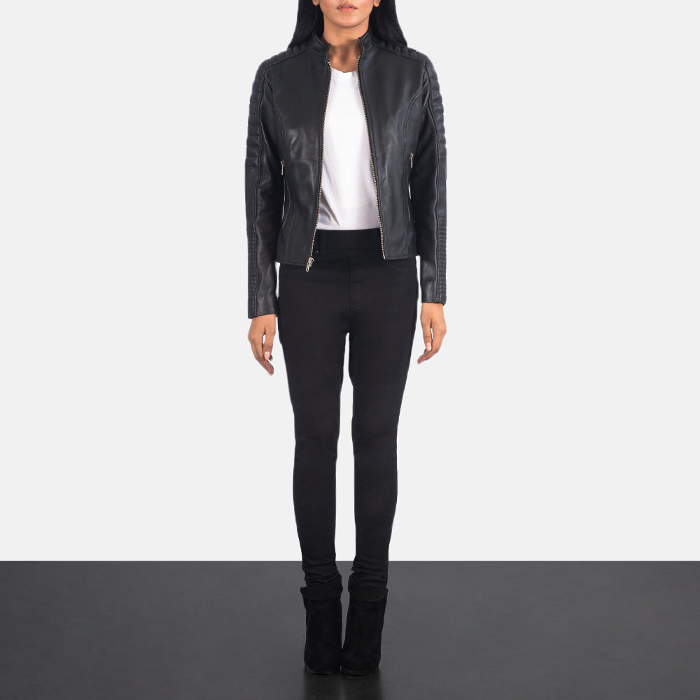 
Adalyn Quilted Black Leather Biker Jacket - Lateral Side Profile View Showing Sleeve Cut & Athletic Taper Fit