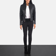 
Adalyn Quilted Black Leather Biker Jacket - Lateral Side Profile View Showing Sleeve Cut & Athletic Taper Fit