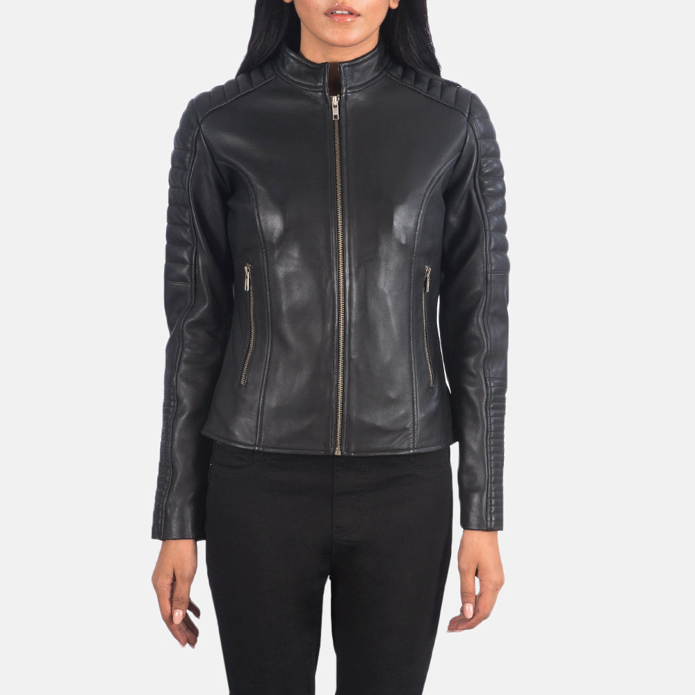 
Close-Up Detail of Band & Zipper Hardware on Adalyn Quilted Black Leather Biker Jacket
