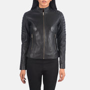 
Close-Up Detail of Band & Zipper Hardware on Adalyn Quilted Black Leather Biker Jacket
