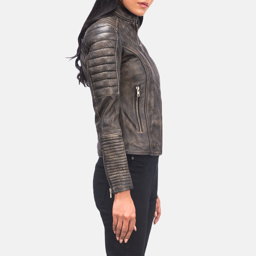 Adalyn Quilted Distressed Brun Bikerjakke i Skinn for Kvinner