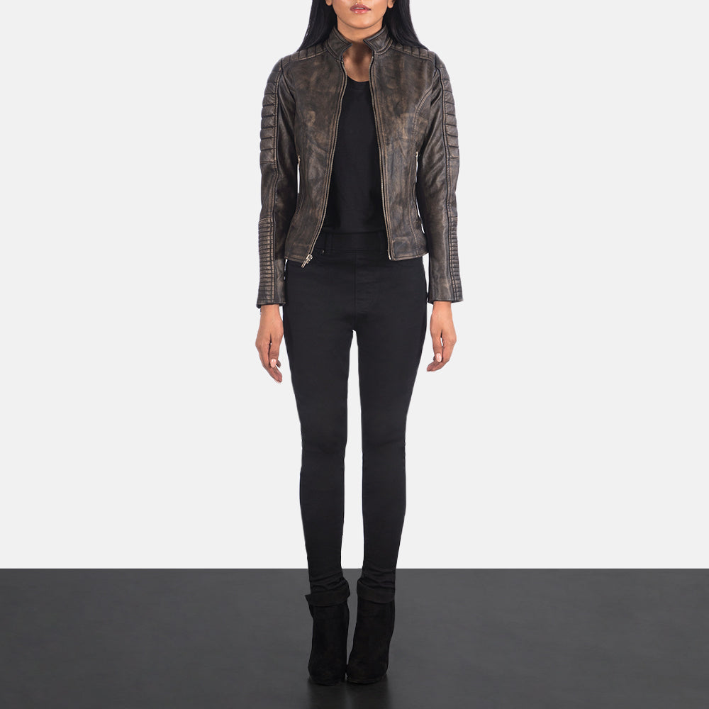 
Adalyn Quilted Distressed Brown Leather Biker Jacket - Lateral Side Profile View Showing Sleeve Cut & Athletic Taper Fit