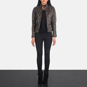
Adalyn Quilted Distressed Brown Leather Biker Jacket - Lateral Side Profile View Showing Sleeve Cut & Athletic Taper Fit