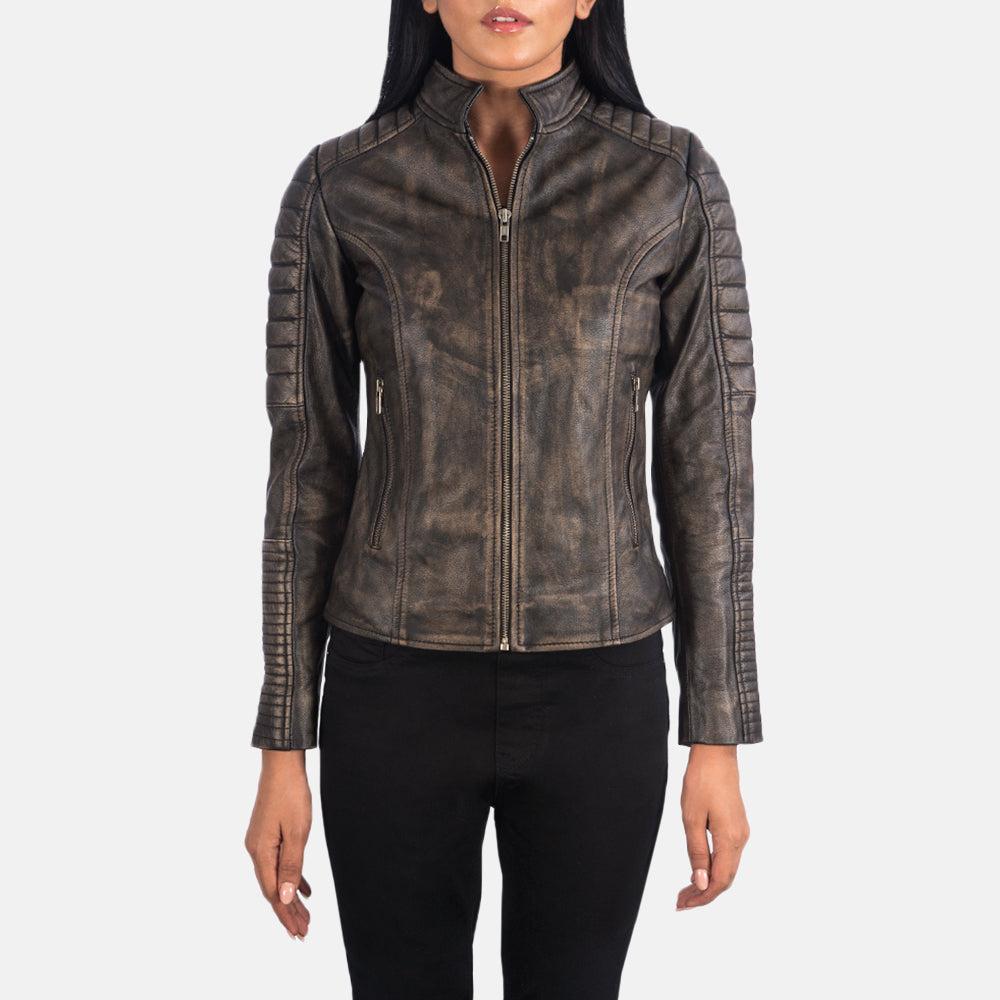 
Close-Up Detail of Band & Zipper Hardware on Adalyn Quilted Distressed Brown Leather Biker Jacket