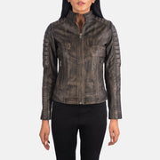 
Close-Up Detail of Band & Zipper Hardware on Adalyn Quilted Distressed Brown Leather Biker Jacket