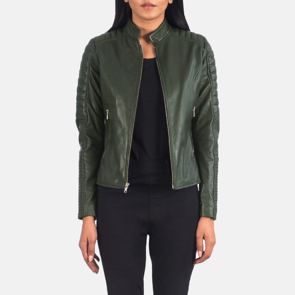
Adalyn Quilted Green Leather Biker Jacket in Green Sheepskin Leather - Front Profile View & Tailored Silhouette | Buy Online