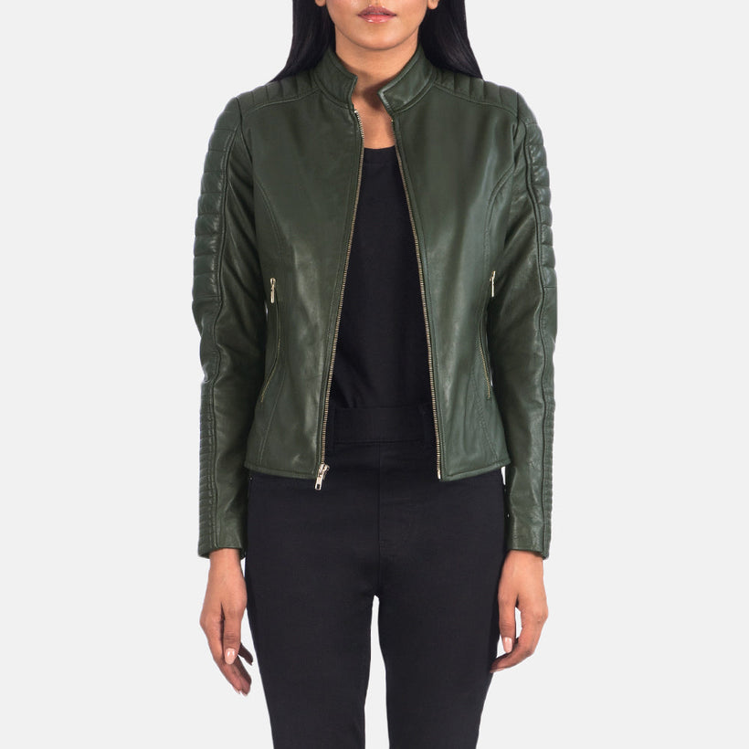 Adalyn Quilted Green Bikerjakke i Skinn for Kvinner