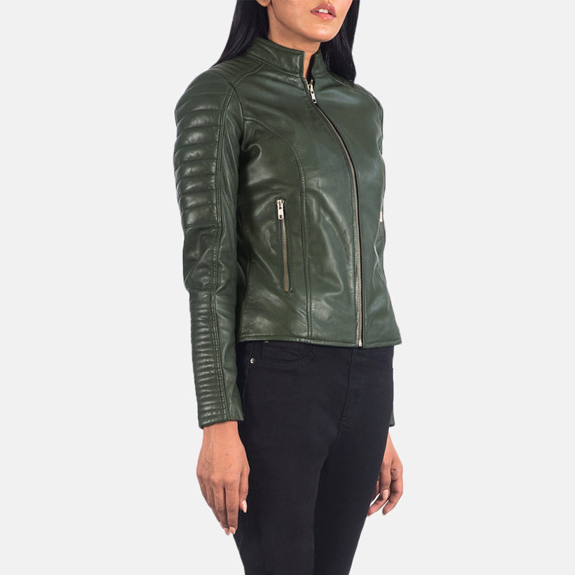Adalyn Quilted Green Bikerjakke i Skinn for Kvinner