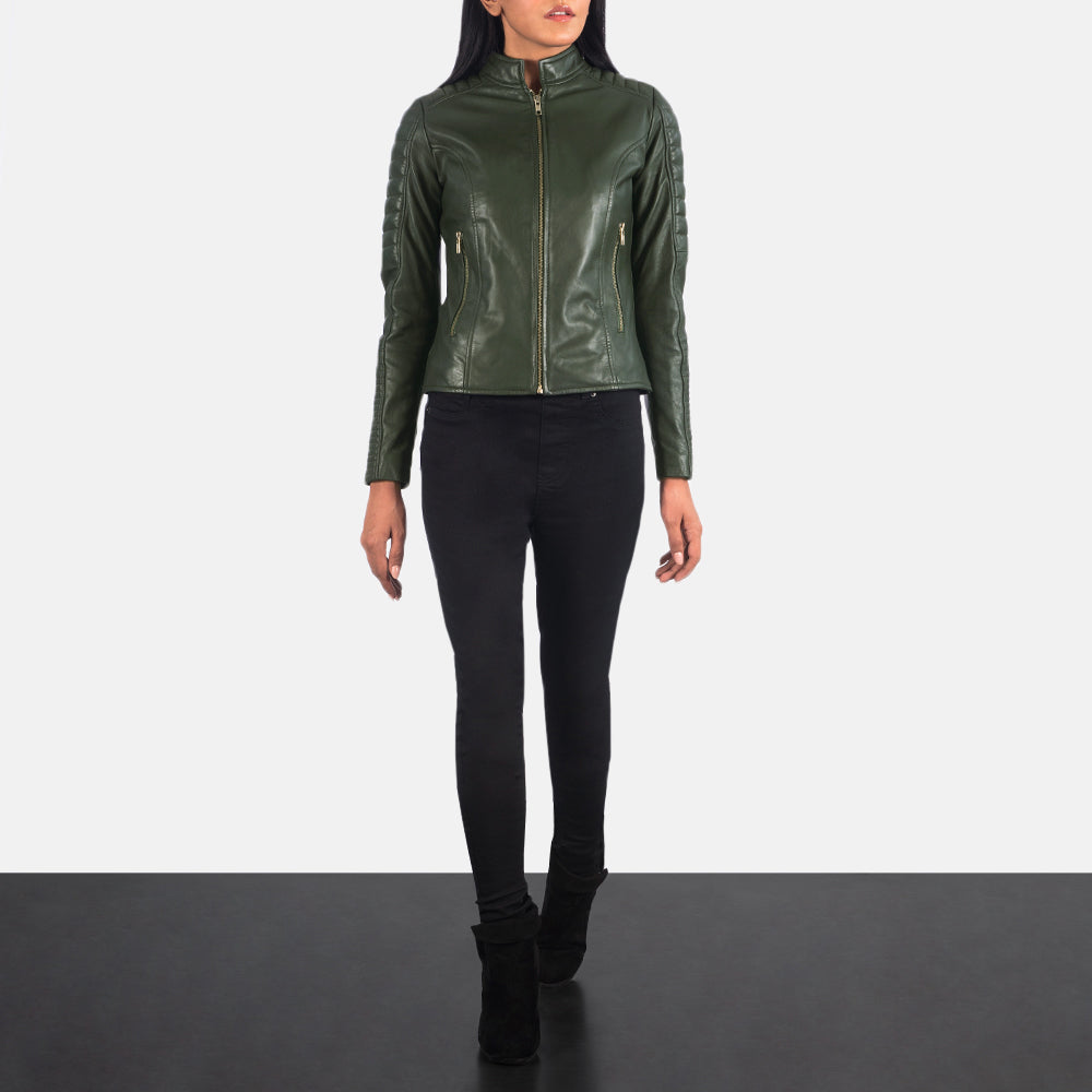 
Adalyn Quilted Green Leather Biker Jacket - Lateral Side Profile View Showing Sleeve Cut & Athletic Taper Fit