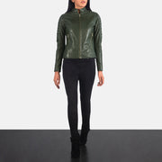 
Adalyn Quilted Green Leather Biker Jacket - Lateral Side Profile View Showing Sleeve Cut & Athletic Taper Fit