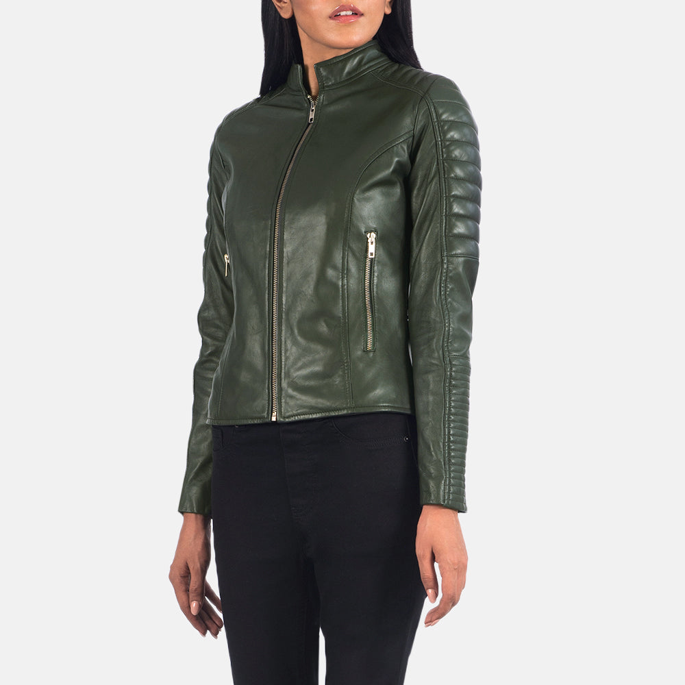 
Close-Up Detail of Band & Zipper Hardware on Adalyn Quilted Green Leather Biker Jacket