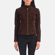 
Adalyn Quilted Mocha Suede Biker Jacket in Mocha Brown Goatskin Suede - Front Profile View & Tailored Silhouette | Buy Online