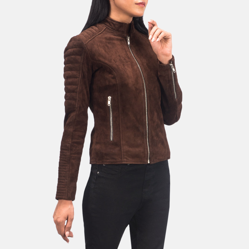 
Adalyn Quilted Mocha Suede Biker Jacket - Lateral Side Profile View Showing Sleeve Cut & Athletic Taper Fit