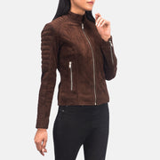 
Adalyn Quilted Mocha Suede Biker Jacket - Lateral Side Profile View Showing Sleeve Cut & Athletic Taper Fit