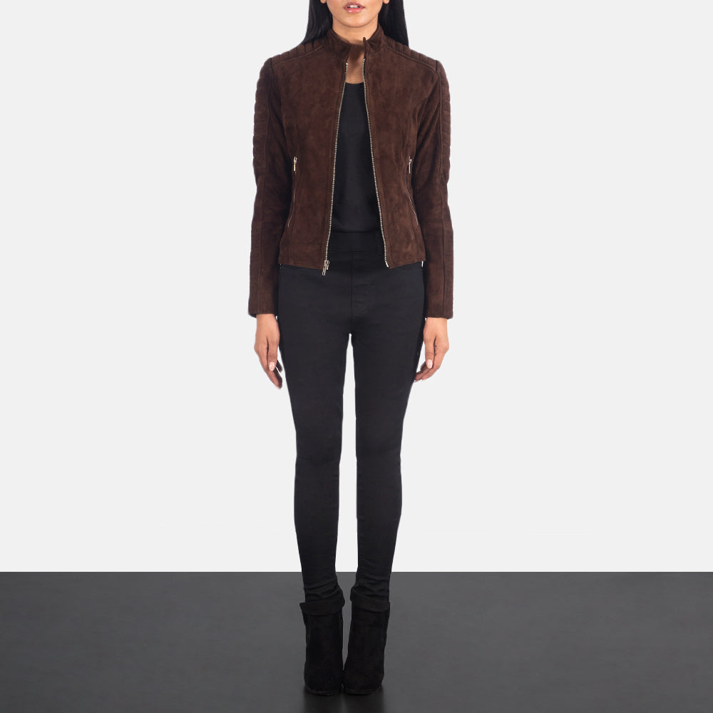 
Close-Up Detail of Band & Zipper Hardware on Adalyn Quilted Mocha Suede Biker Jacket
