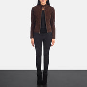 
Close-Up Detail of Band & Zipper Hardware on Adalyn Quilted Mocha Suede Biker Jacket