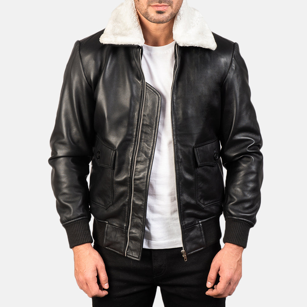 
Airin G-1 Black & White Leather Bomber Jacket in Black Sheepskin Leather - Front Profile View & Tailored Silhouette | Buy Online