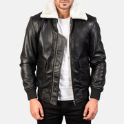 
Airin G-1 Black & White Leather Bomber Jacket in Black Sheepskin Leather - Front Profile View & Tailored Silhouette | Buy Online