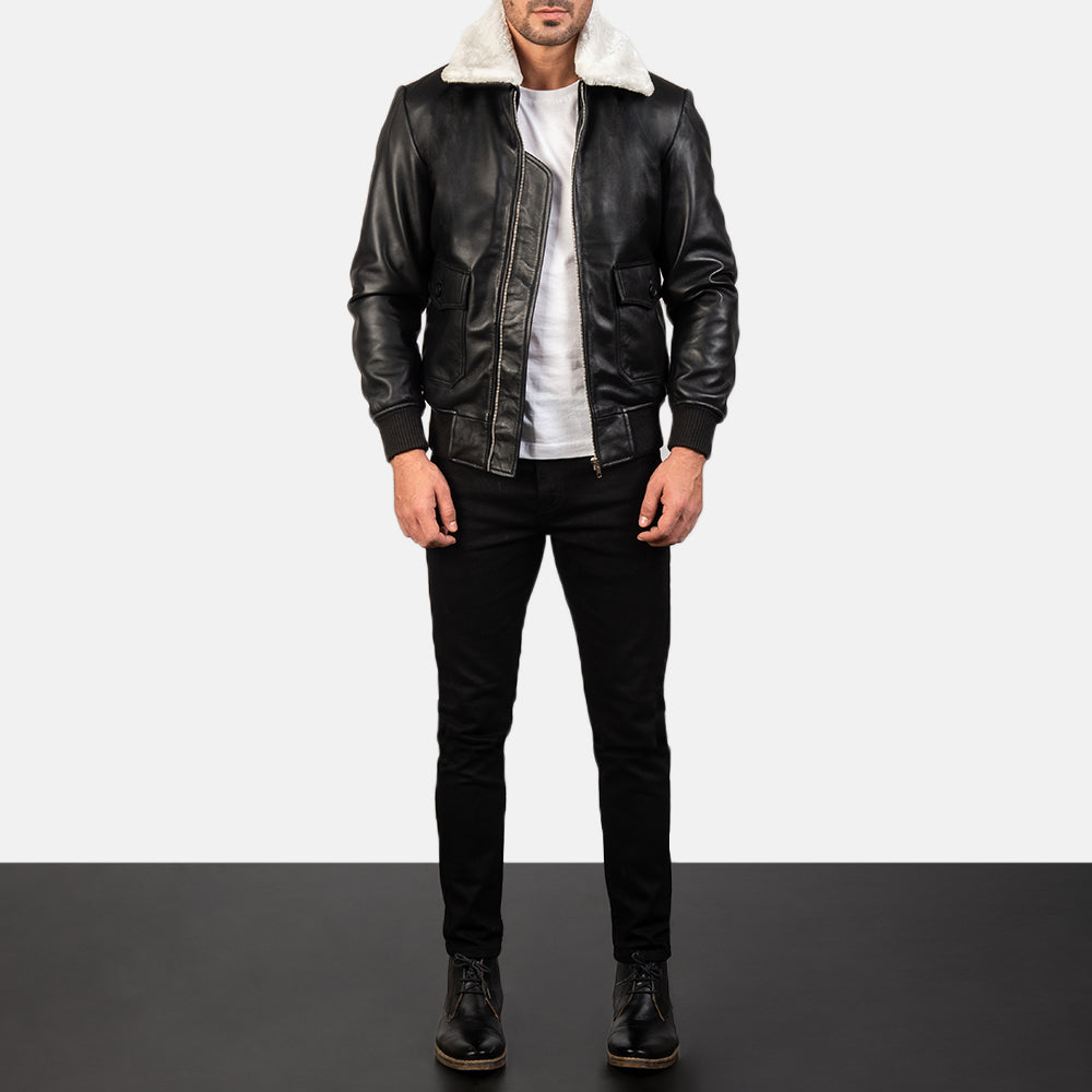 
Airin G-1 Black & White Leather Bomber Jacket - Lateral Side Profile View Showing Sleeve Cut & Athletic Taper Fit