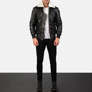 
Airin G-1 Black & White Leather Bomber Jacket - Lateral Side Profile View Showing Sleeve Cut & Athletic Taper Fit